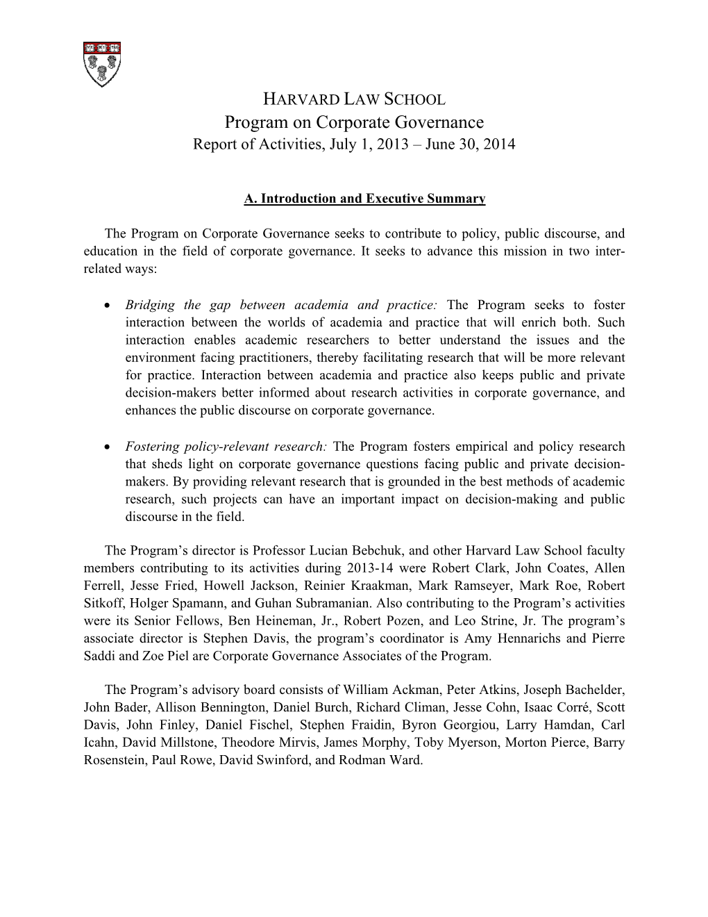 Program on Corporate Governance Report of Activities, July 1, 2013 – June 30, 2014