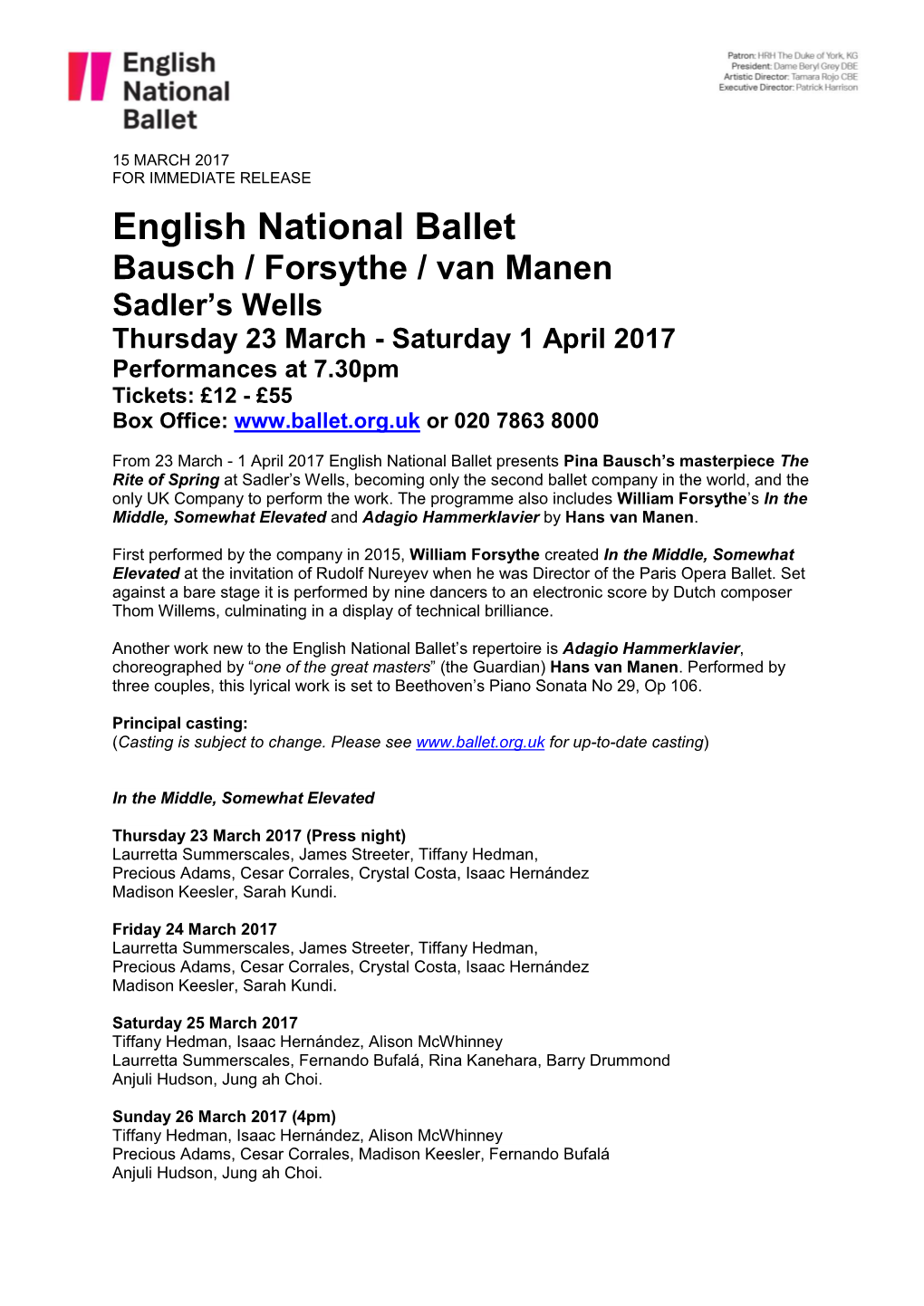 English National Ballet Bausch / Forsythe / Van Manen Sadler's