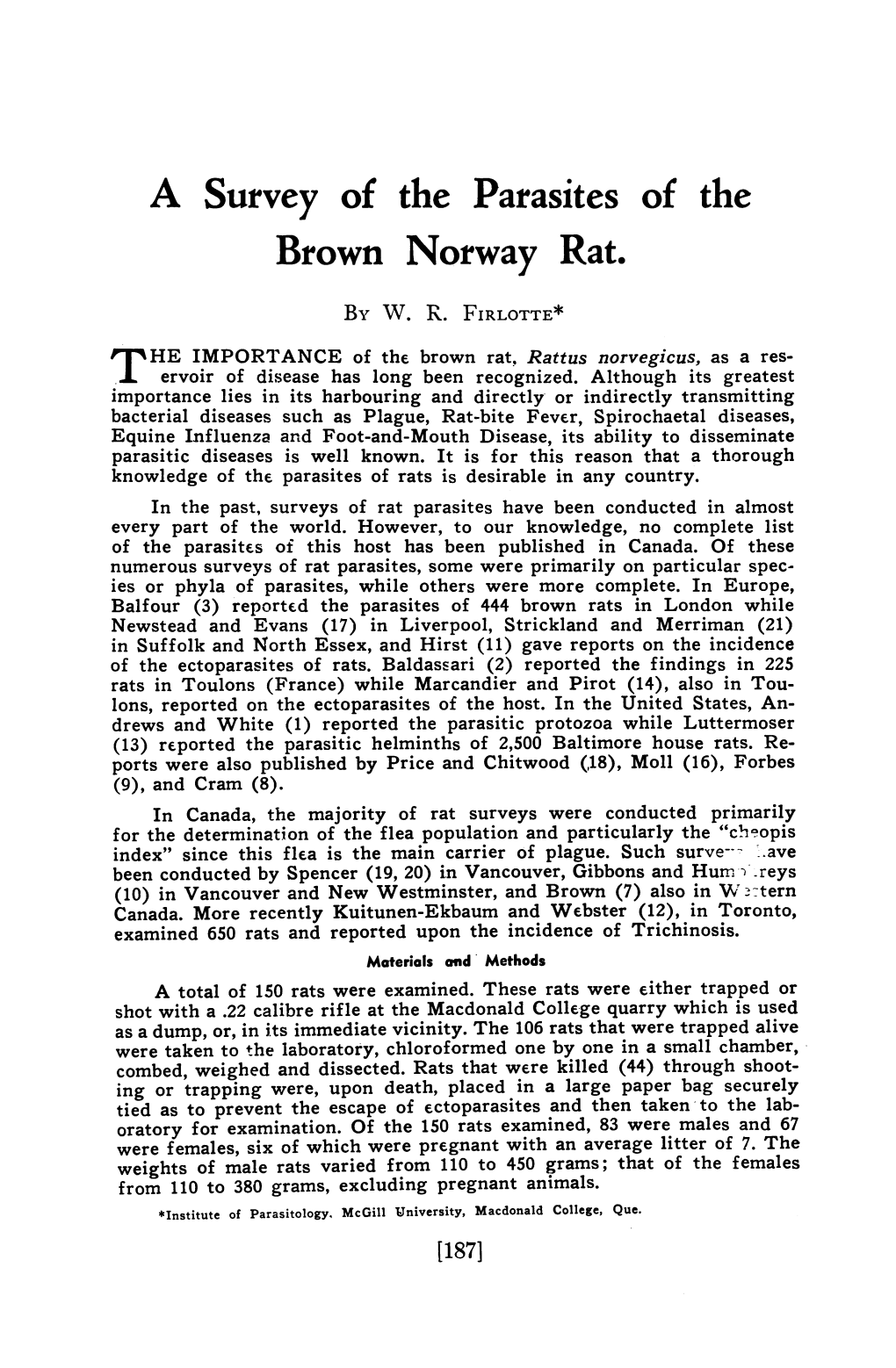 A Survey of the Parasites of the Brown Norway Rat. by W