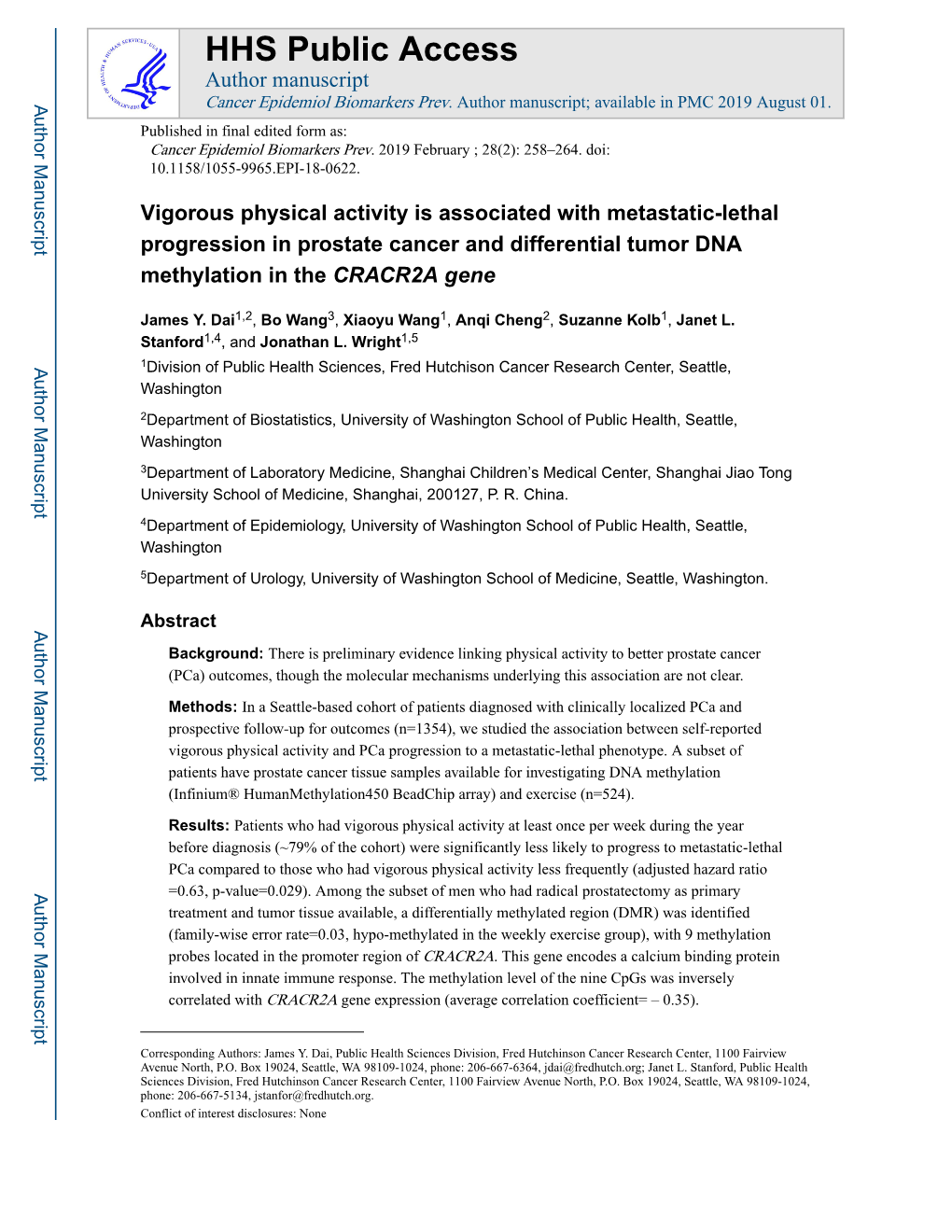 Vigorous Physical Activity Is Associated with Metastatic-Lethal Progression in Prostate Cancer and Differential Tumor DNA Methylation in the CRACR2A Gene