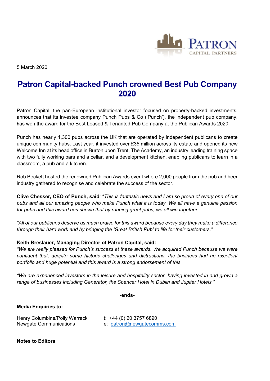 Patron Capital-Backed Punch Crowned Best Pub Company 2020