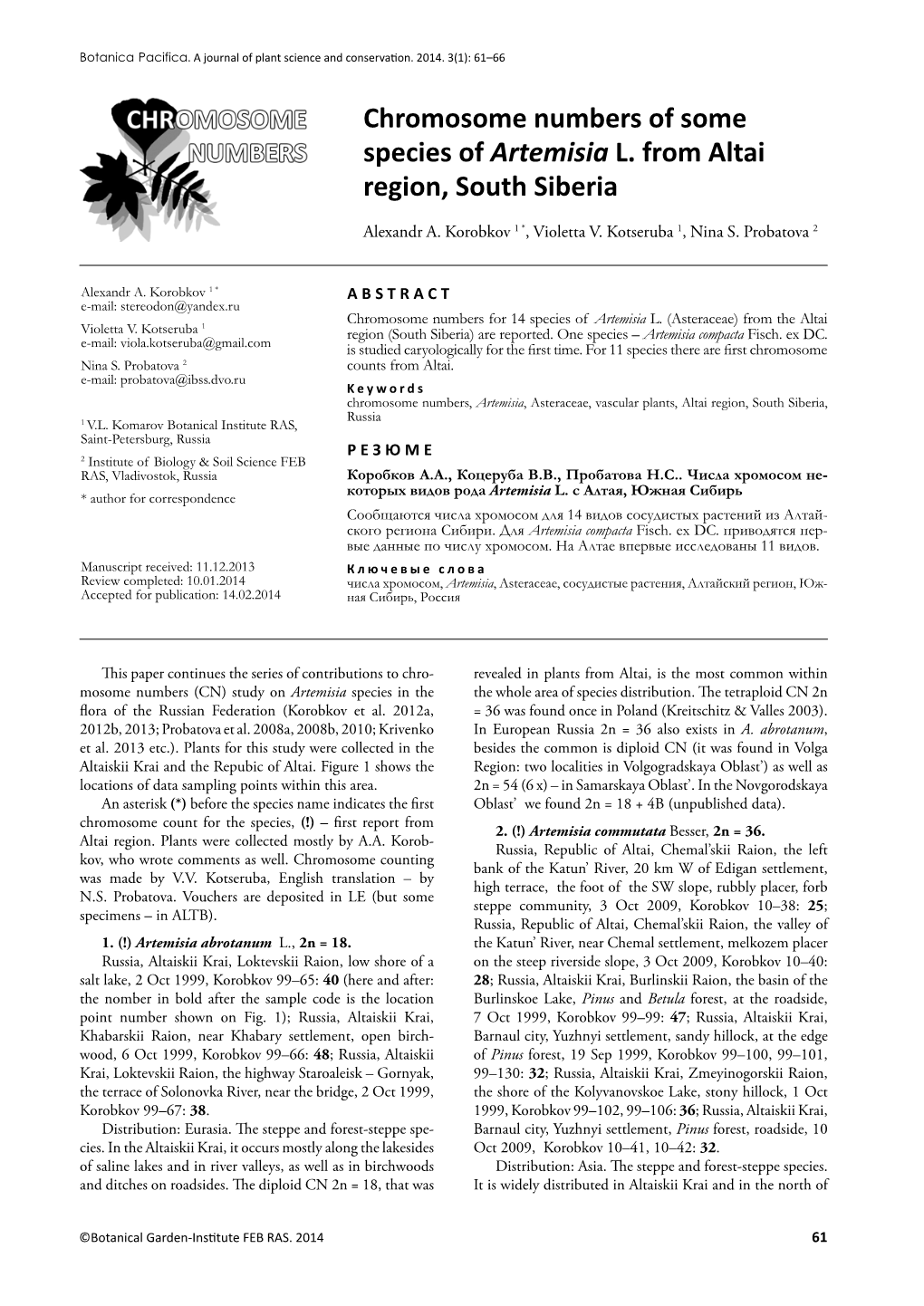 Chromosome Numbers of Some Species of Artemisia L. from Altai Region, South Siberia