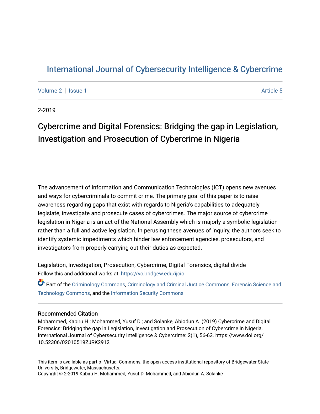 Cybercrime and Digital Forensics: Bridging the Gap in Legislation, Investigation and Prosecution of Cybercrime in Nigeria