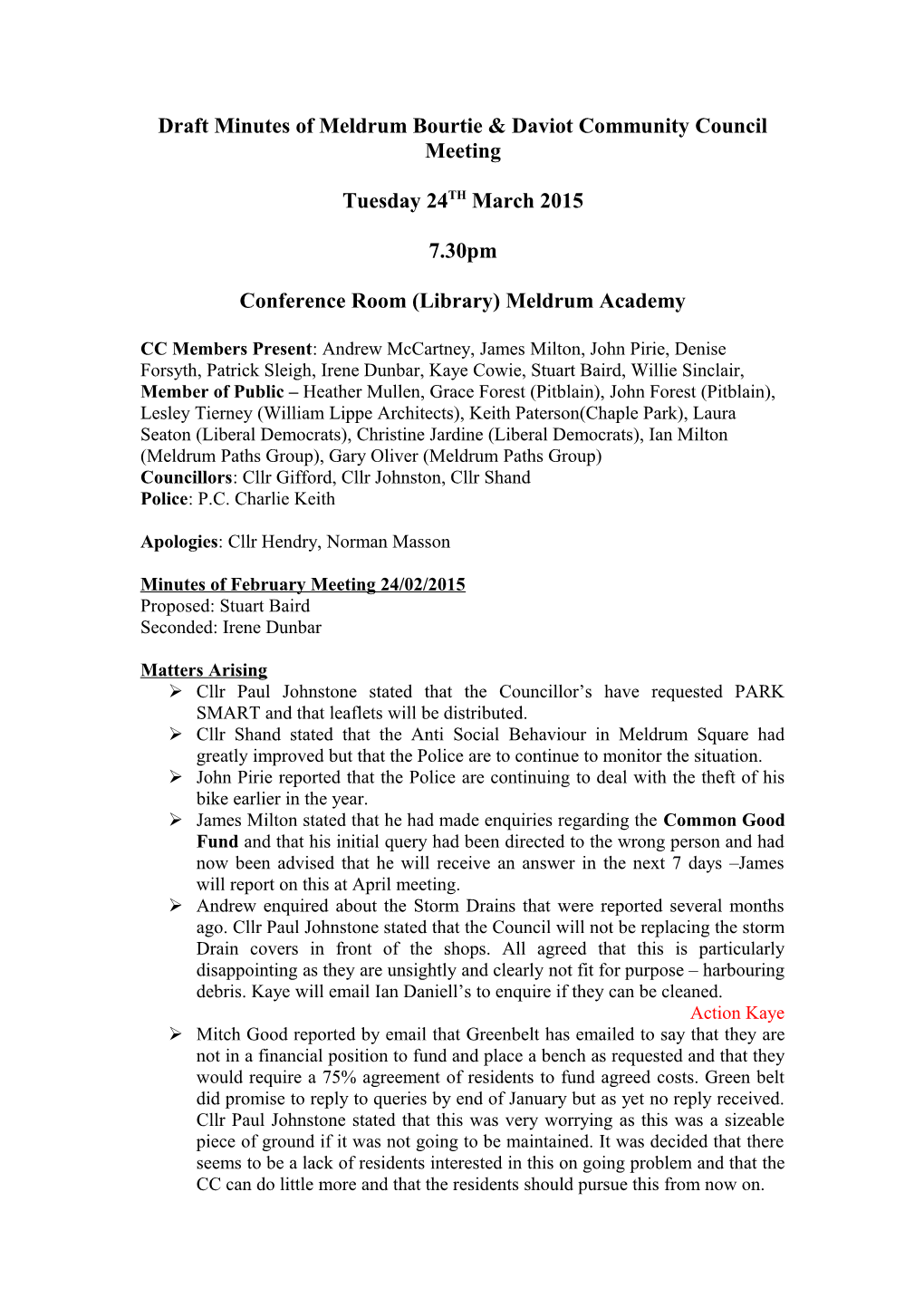 Draft Minutes of Meldrum Bourtie & Daviot Community Council Meeting