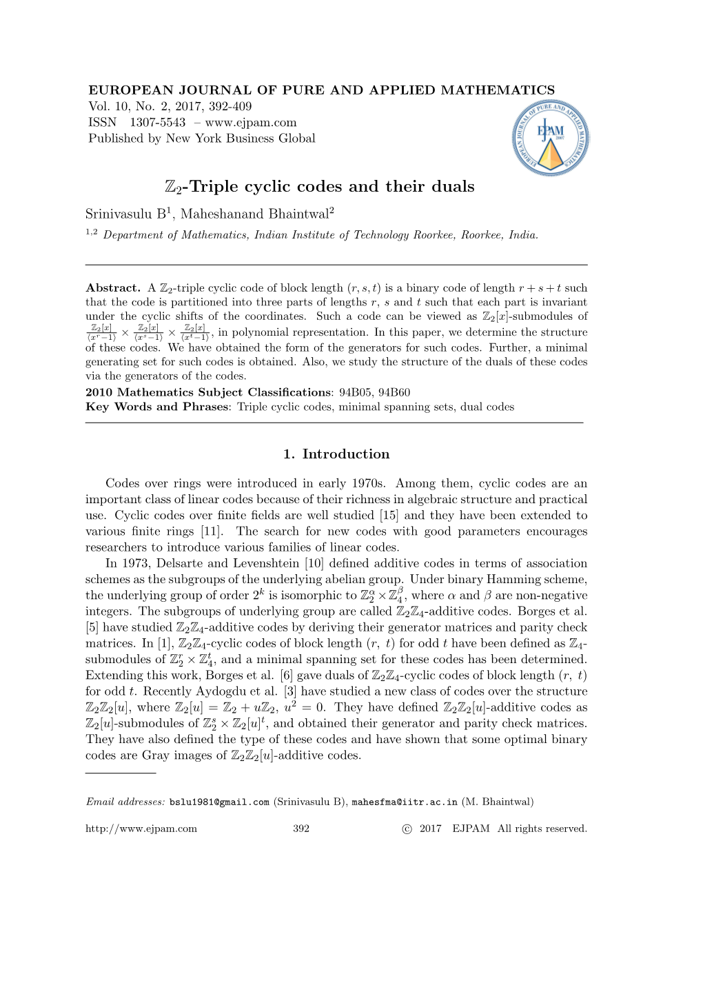 Z2-Triple Cyclic Codes and Their Duals Srinivasulu B1, Maheshanand Bhaintwal2 1,2 Department of Mathematics, Indian Institute of Technology Roorkee, Roorkee, India