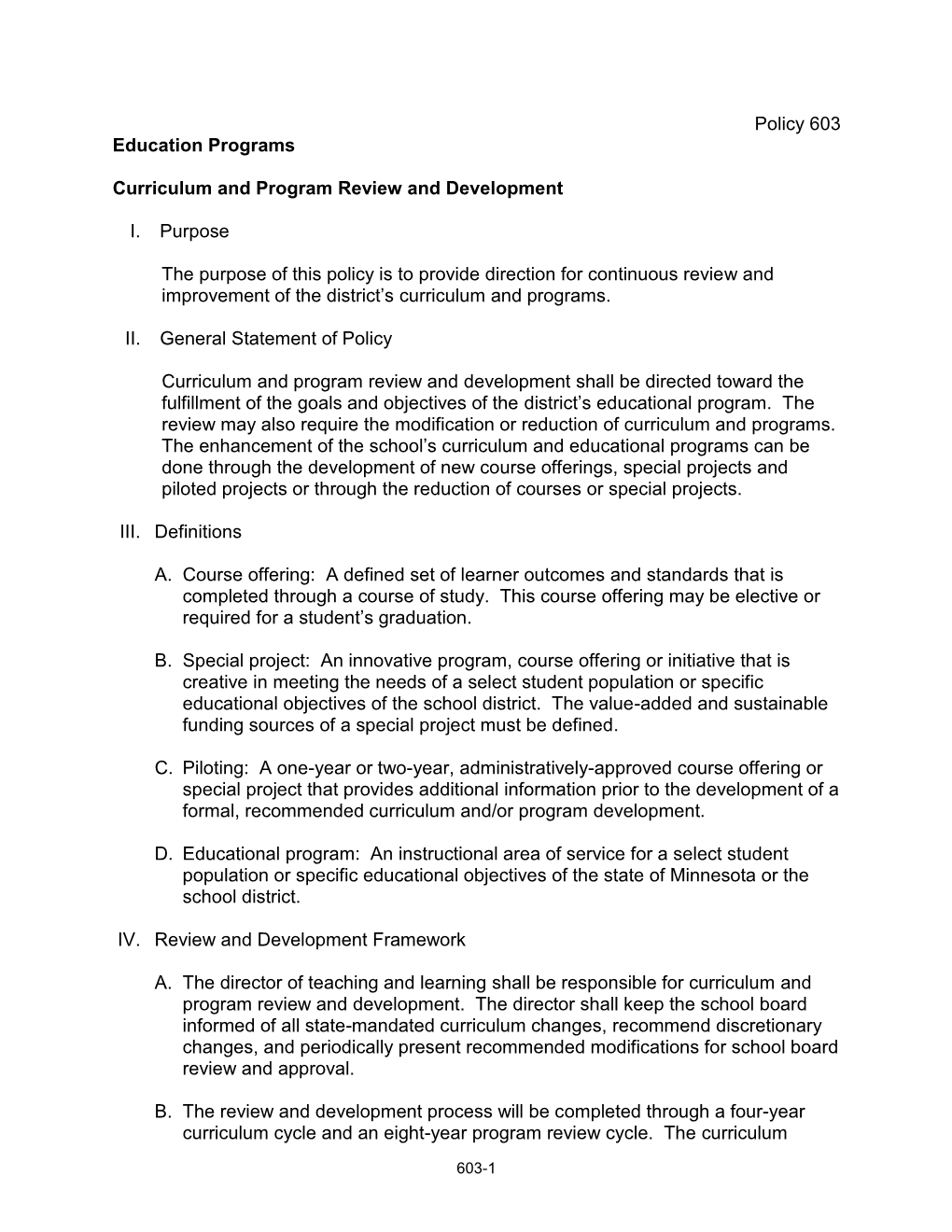 Policy 603 Education Programs Curriculum and Program Review