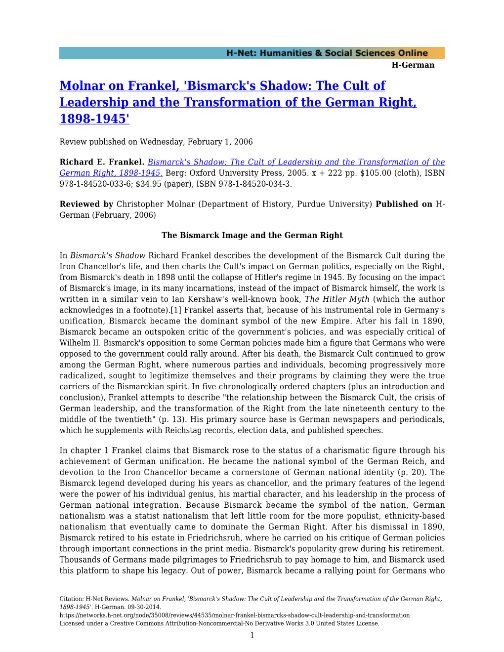 Molnar on Frankel, 'Bismarck's Shadow: the Cult of Leadership and the Transformation of the German Right, 1898-1945'