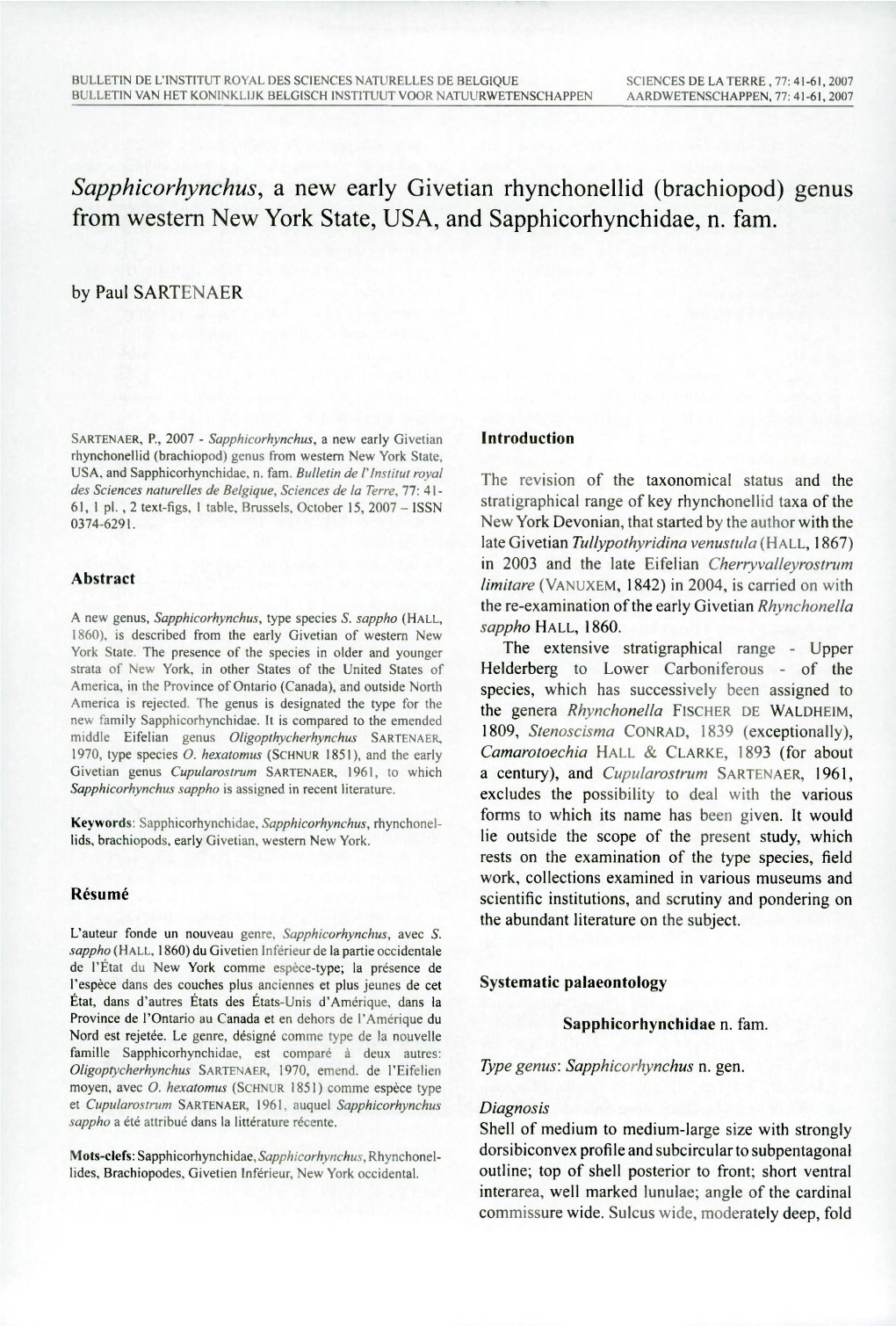 Sapphicorhynchus, a New Early Givetian Rhynchonellid (Brachiopod) Genus from Western New York State, USA, and Sapphicorhynchidae, N