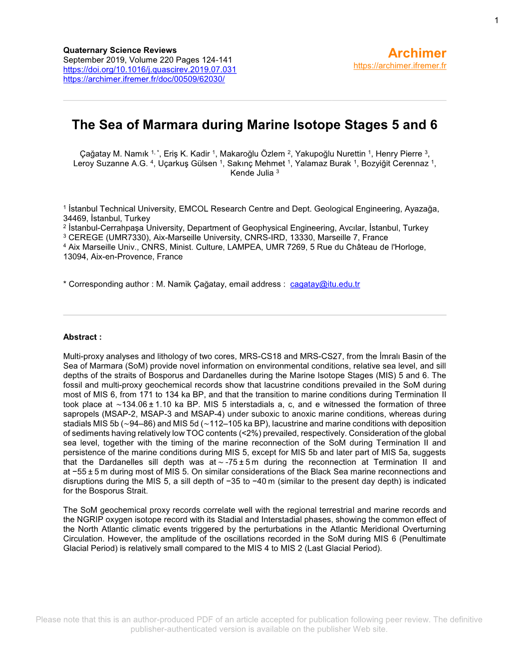 The Sea of Marmara During Marine Isotope Stages 5 and 6