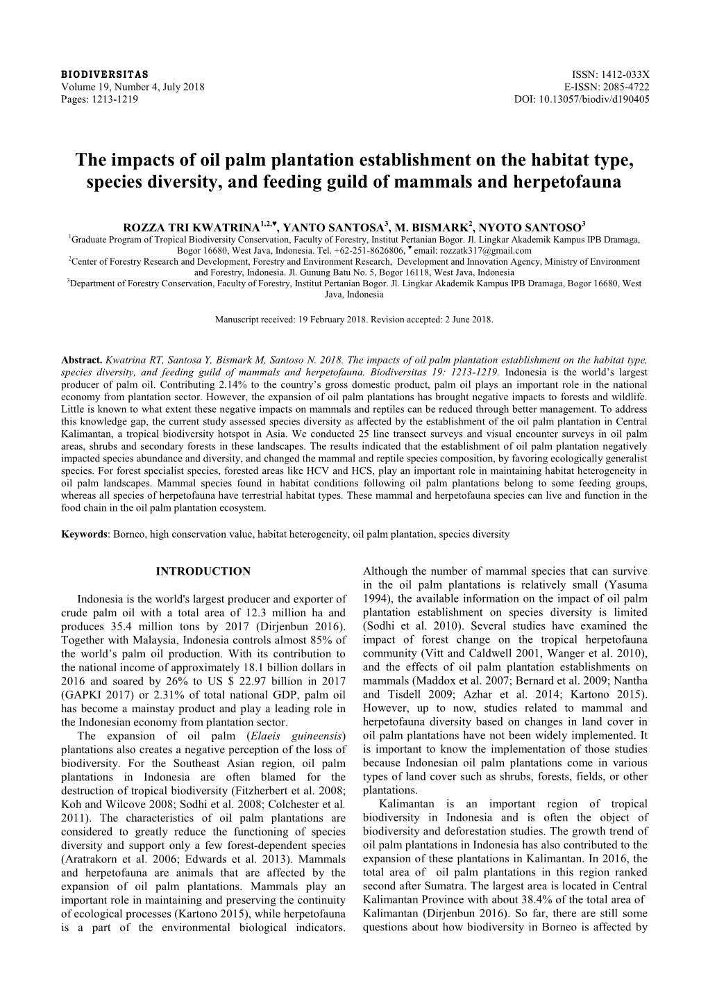 The Impacts of Oil Palm Plantation Establishment on the Habitat Type, Species Diversity, and Feeding Guild of Mammals and Herpetofauna