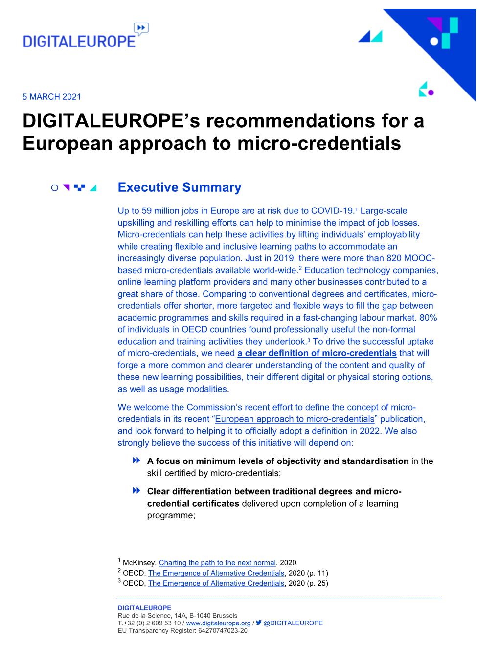 DIGITALEUROPE's Recommendations for a European Approach to Micro-Credentials