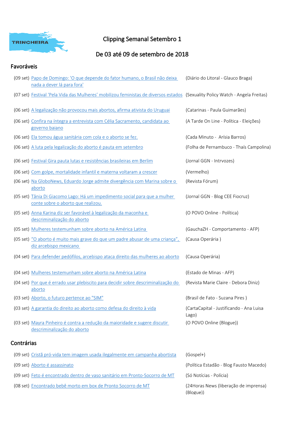 Clipping Semanal Setembro 1 De 03 Até 09 De Setembro De 2018