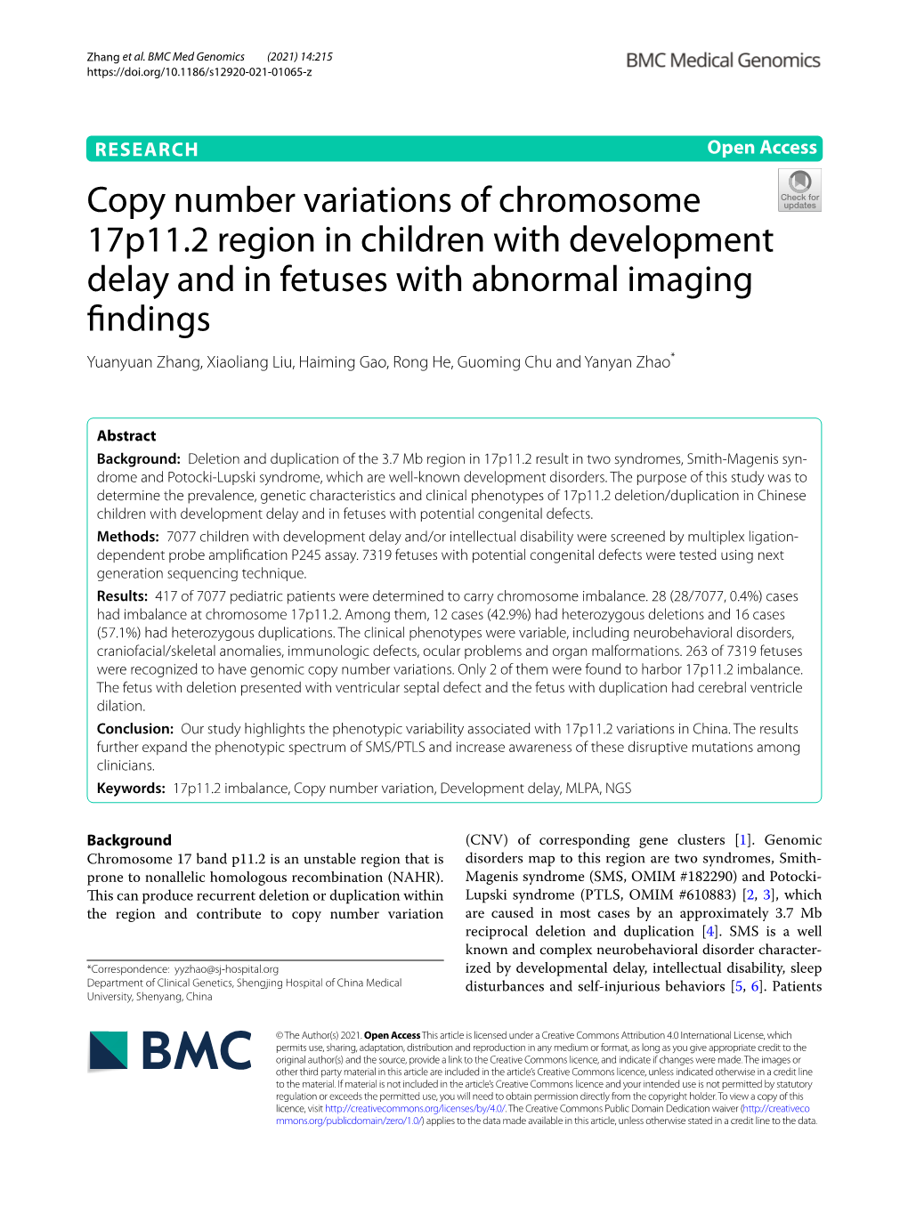 Copy Number Variations of Chromosome 17P11.2 Region In