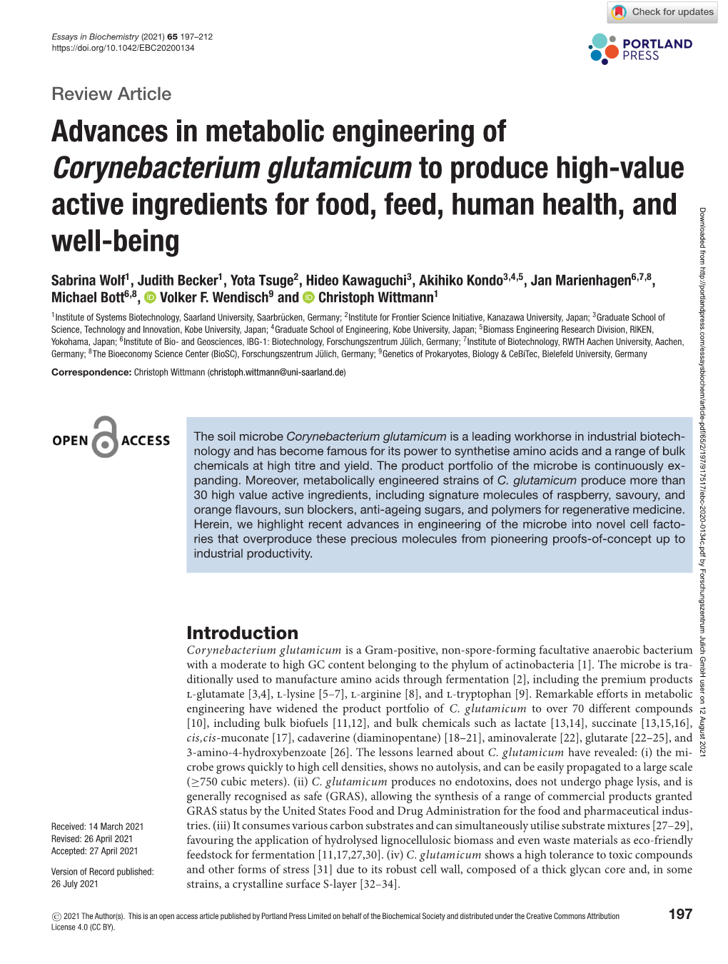Advances in Metabolic Engineering of Corynebacterium Glutamicum To