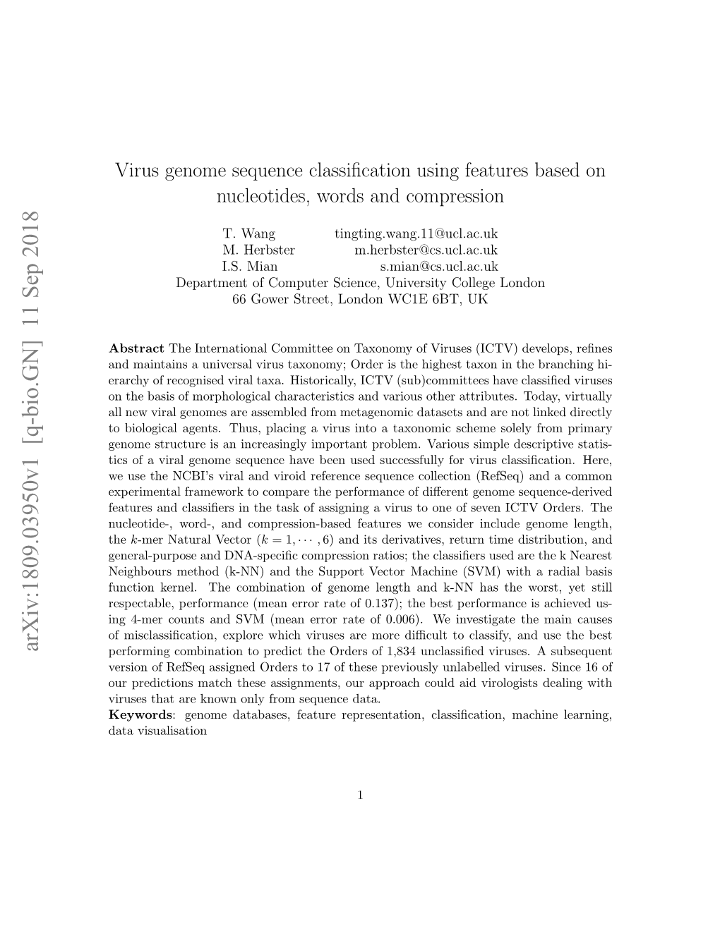 Virus Genome Sequence Classification Using Features Based On