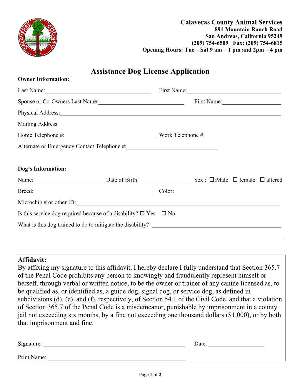 Assistance Dog License Application