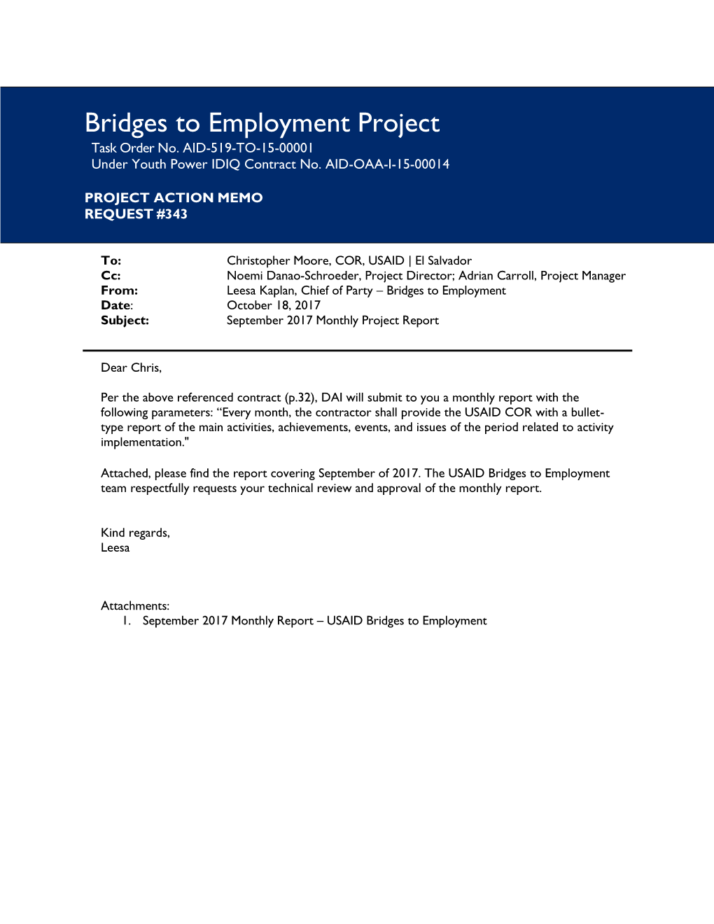 Bridges to Employment Project Task Order No