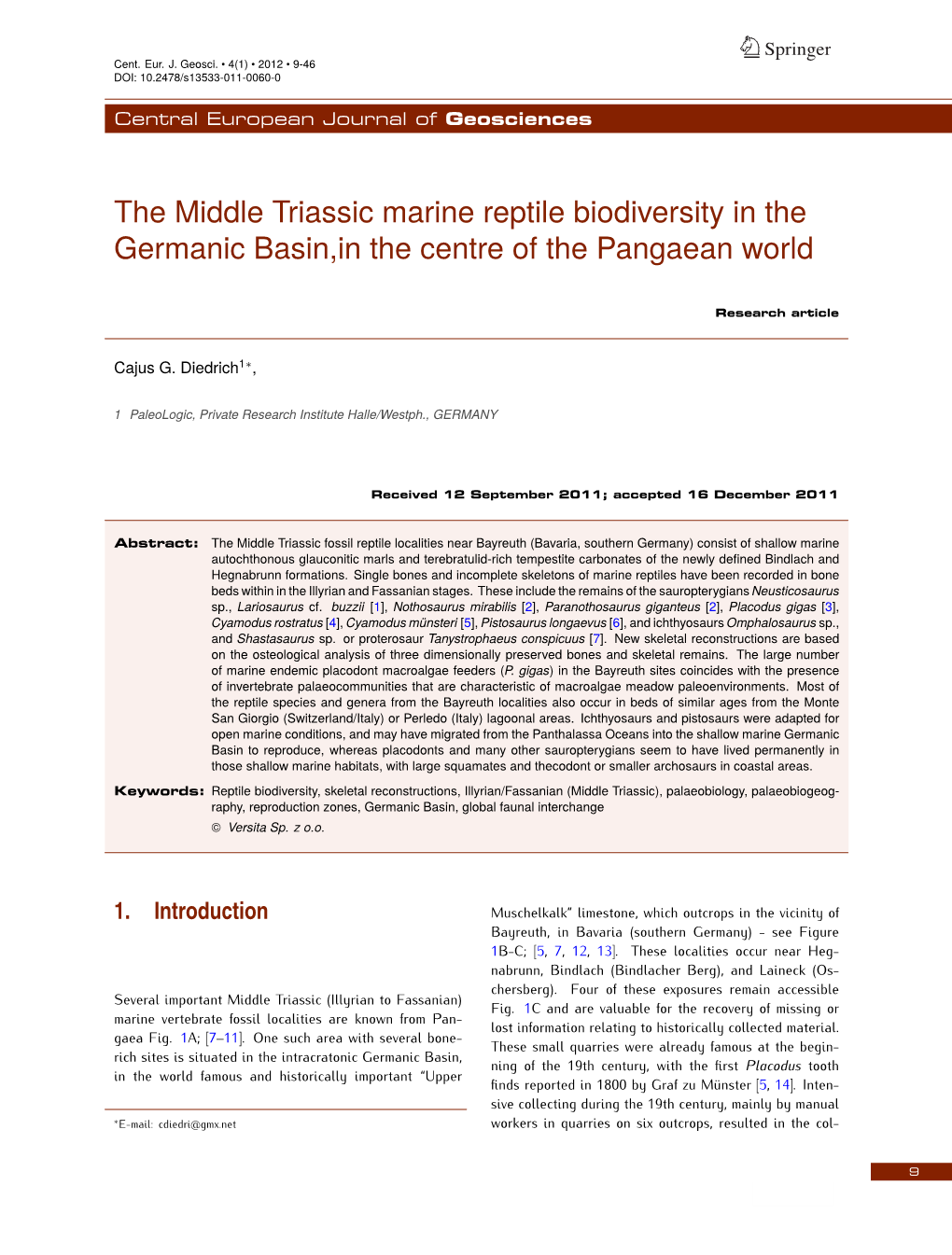 The Middle Triassic Marine Reptile Biodiversity in the Germanic Basin,In the Centre of the Pangaean World