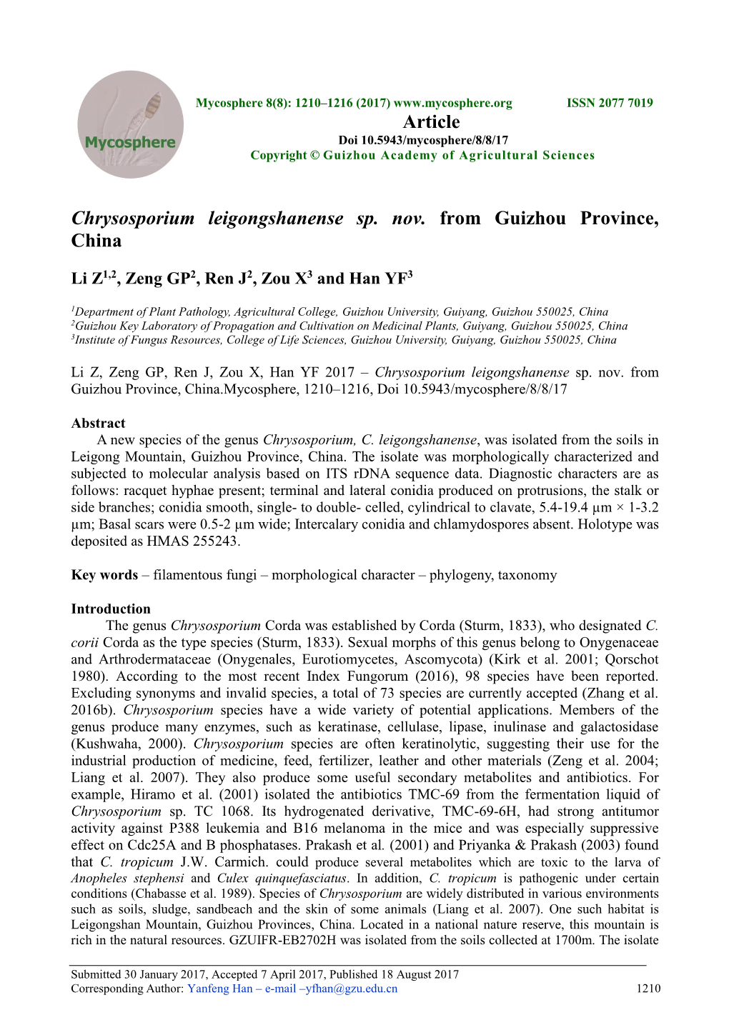 Chrysosporium Leigongshanense Sp. Nov. from Guizhou Province, China