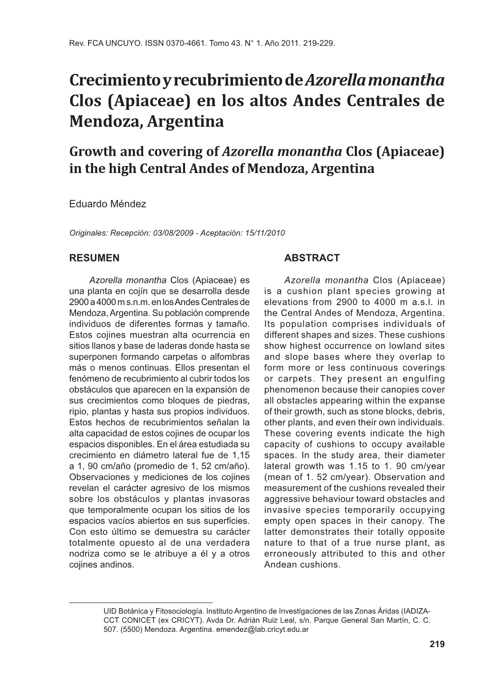 Apiaceae) En Los Altos Andes Centrales De Mendoza, Argentina