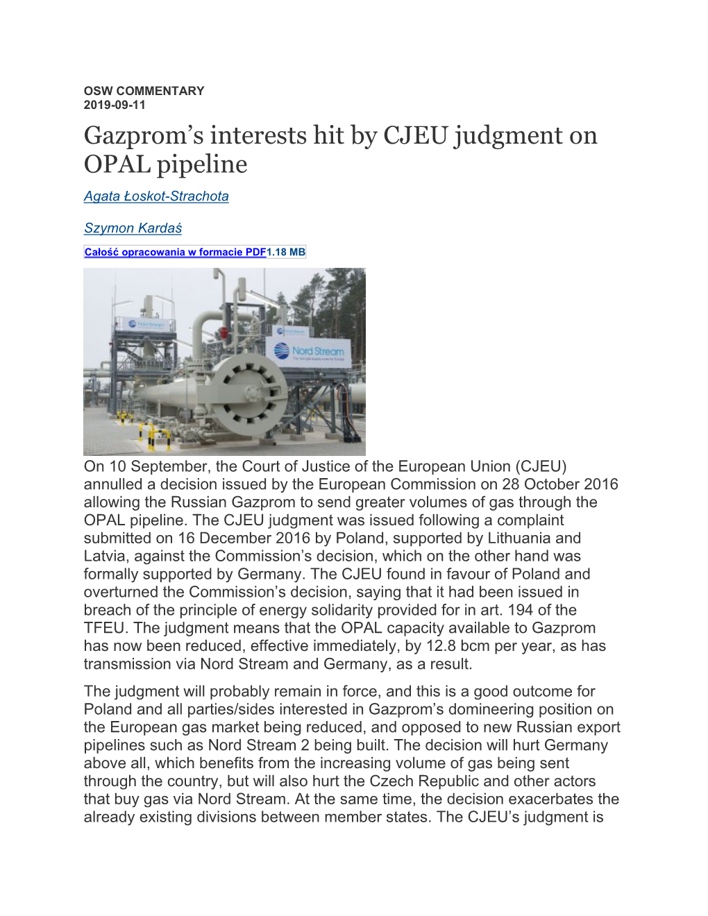 Gazprom's Interests Hit by CJEU Judgment on OPAL Pipeline