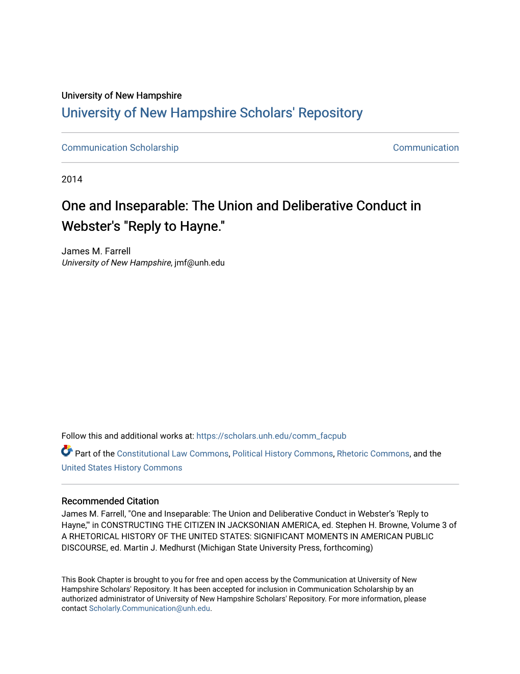 One and Inseparable: the Union and Deliberative Conduct in Webster's "Reply to Hayne."