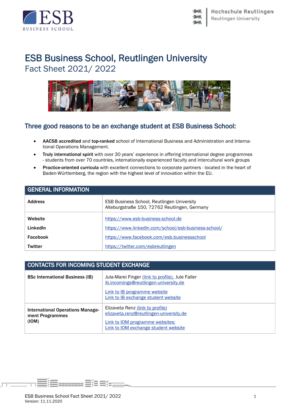 ESB Business School, Reutlingen University Fact Sheet 2021/ 2022