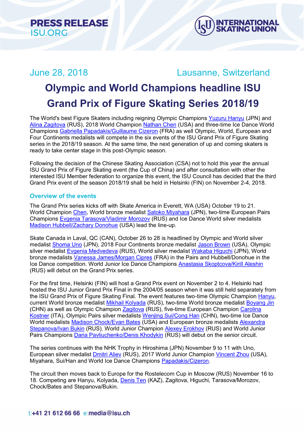 Olympic and World Champions Headline ISU Grand Prix of Figure Skating Series 2018/19