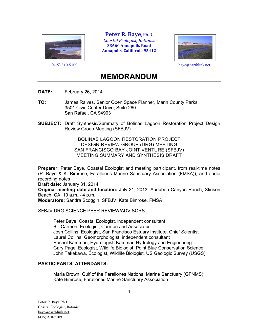 Bolinas Lagoon Restoration Project Design Review Group Meeting (SFBJV)