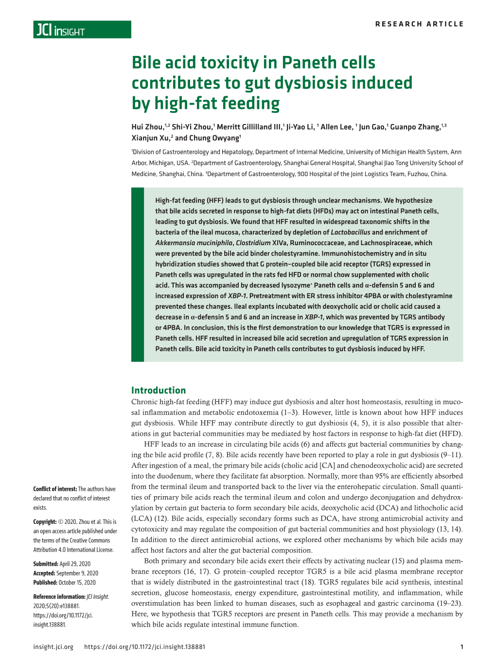 Bile Acid Toxicity in Paneth Cells Contributes to Gut Dysbiosis Induced by High-Fat Feeding