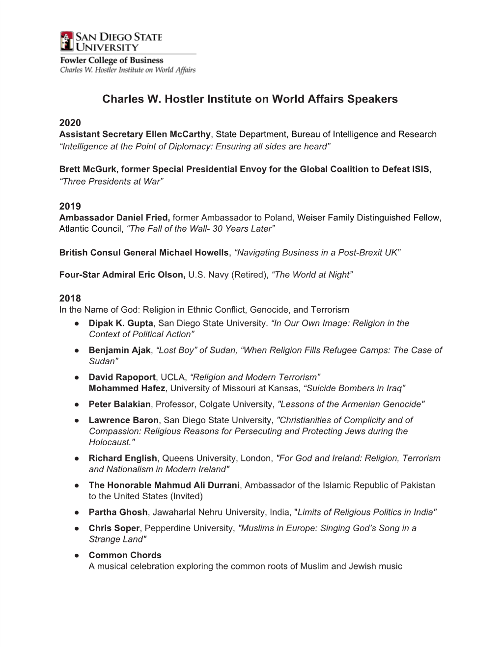 Charles W. Hostler Institute on World Affairs Speakers