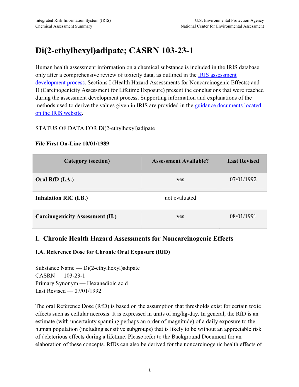 Di(2-Ethylhexyl)Adipate; CASRN 103-23-1