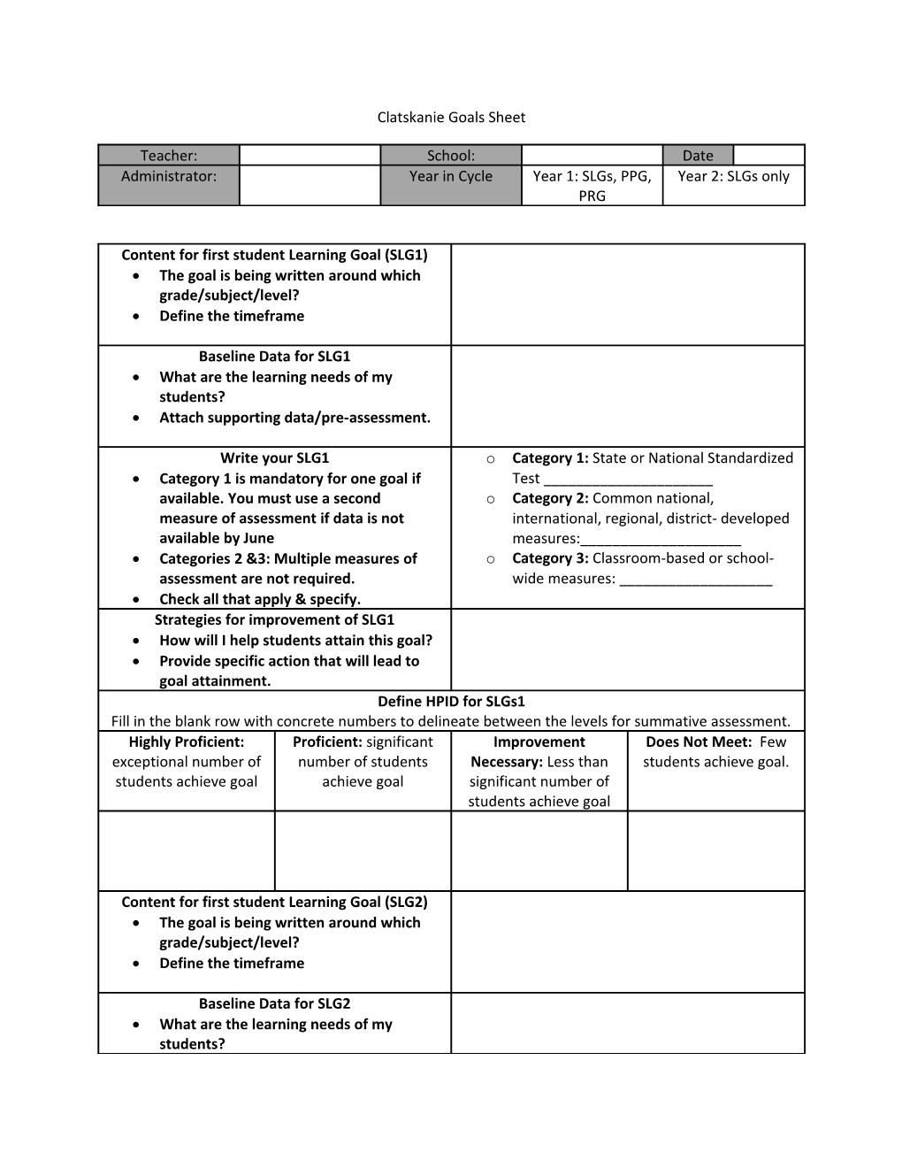 Clatskanie Goals Sheet