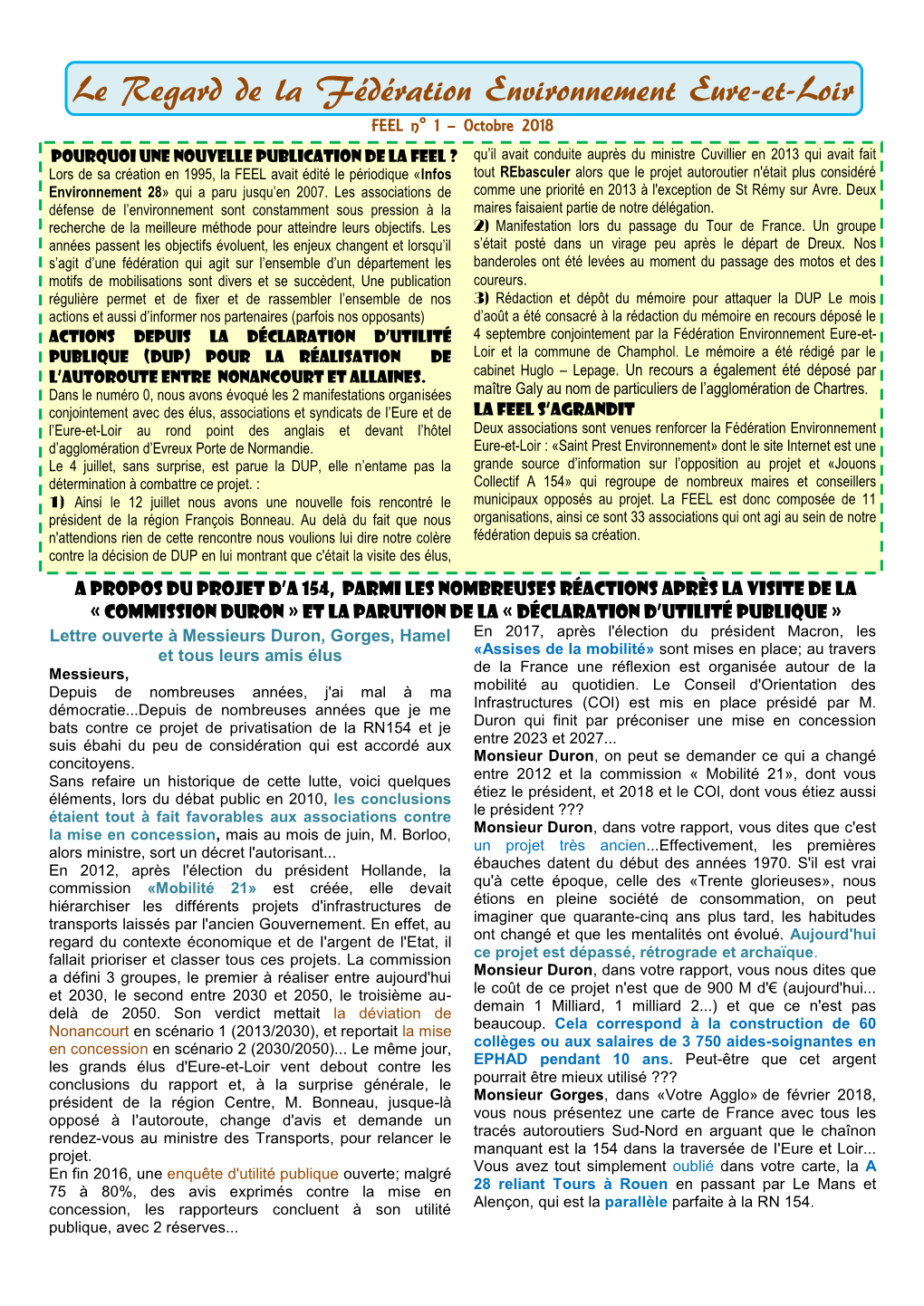 Le Regard De La Fédération Environnement Eure-Et-Loir FEEL N° 1 – Octobre 2018