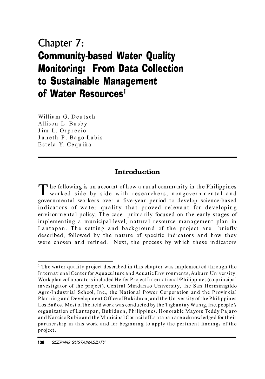Chapter 7: Community-Based Water Quality Monitoring: from Data Collection to Sustainable Management of Water Resources1