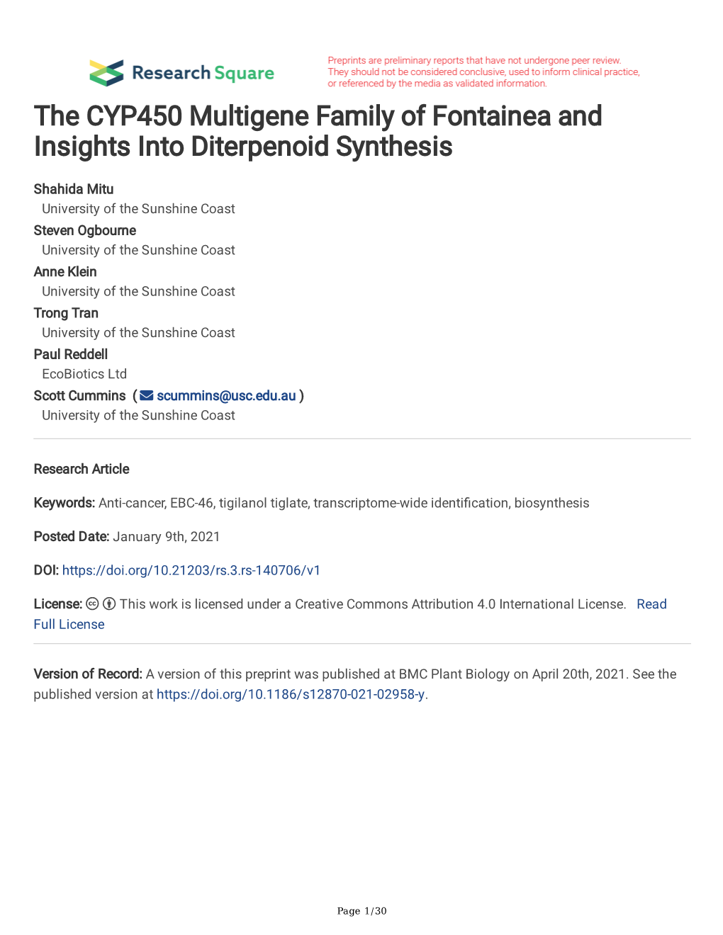 The CYP450 Multigene Family of Fontainea and Insights Into Diterpenoid Synthesis