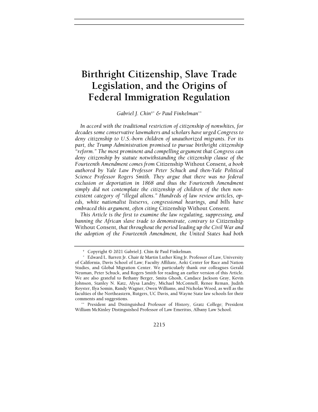 Birthright Citizenship, Slave Trade Legislation, and the Origins of Federal Immigration Regulation