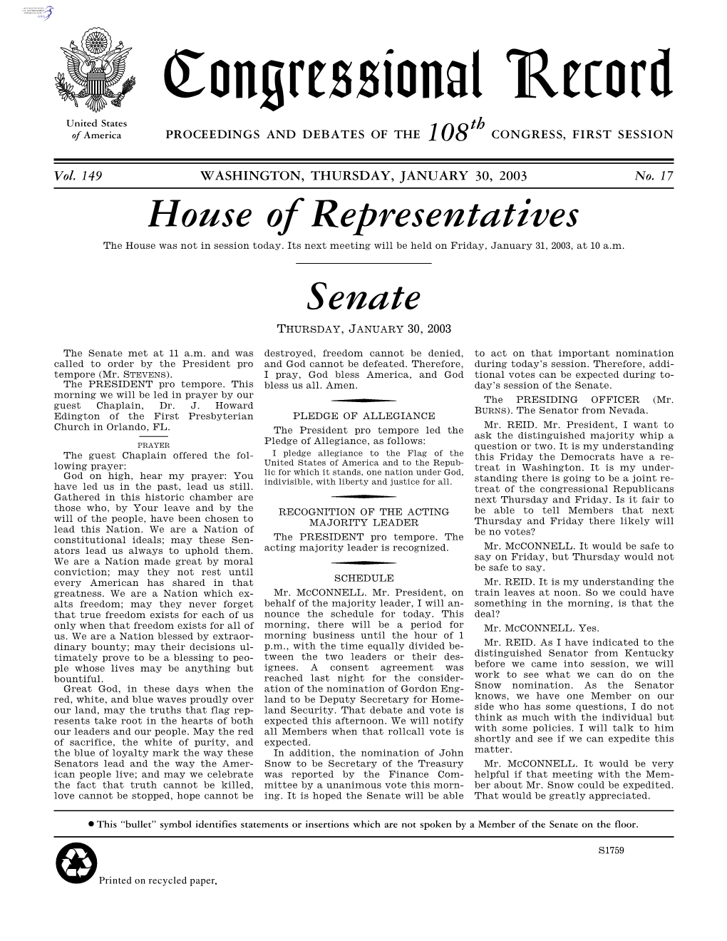 Congressional Record United States Th of America PROCEEDINGS and DEBATES of the 108 CONGRESS, FIRST SESSION