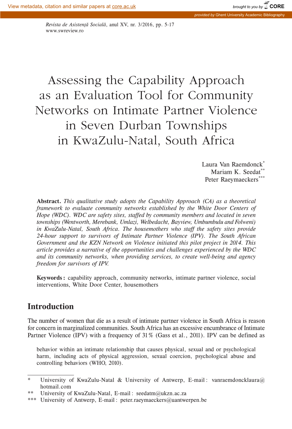 Assessing the Capability Approach As an Evaluation Tool for Community Networks on Intimate Partner Violence in Seven Durban Townships in Kwazulu‑Natal, South Africa
