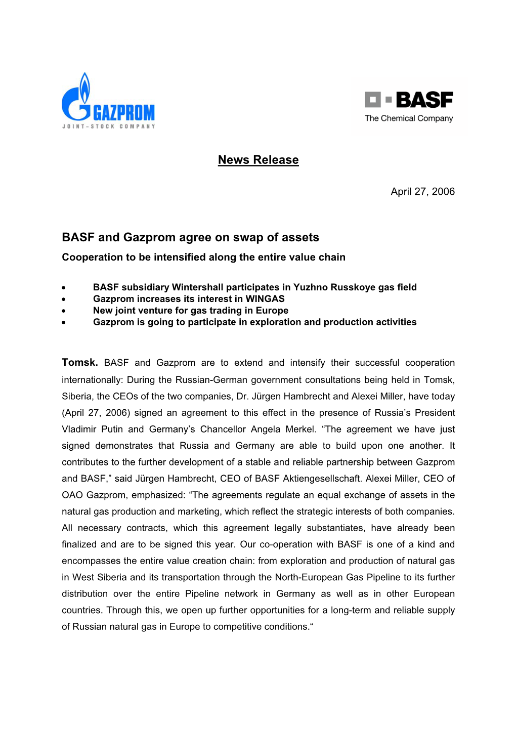 News Release BASF and Gazprom Agree on Swap of Assets