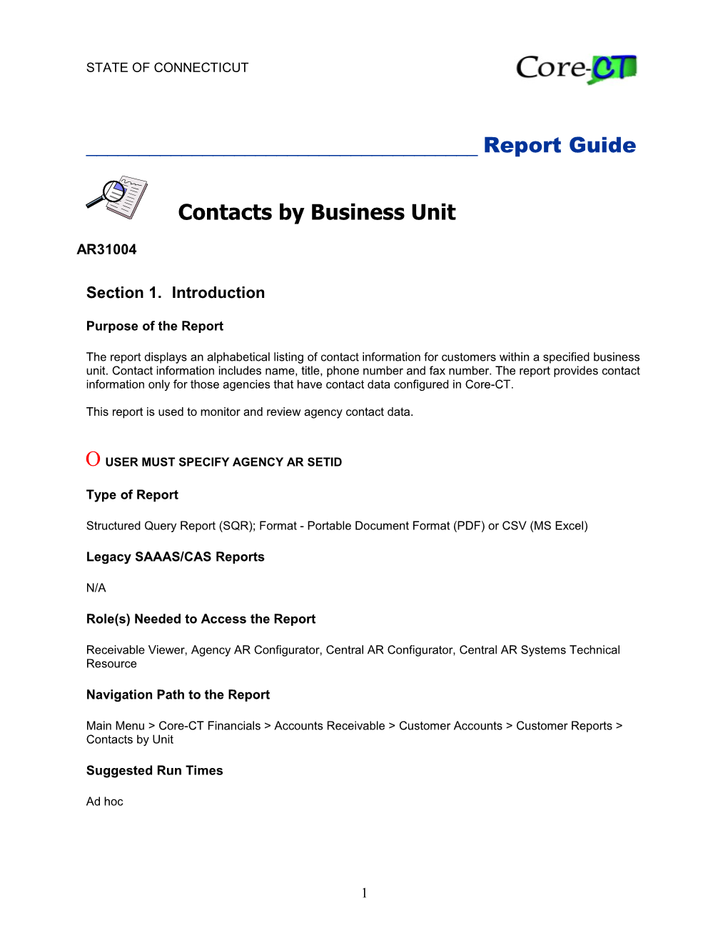 Contacts by Business Unit (AR31004)