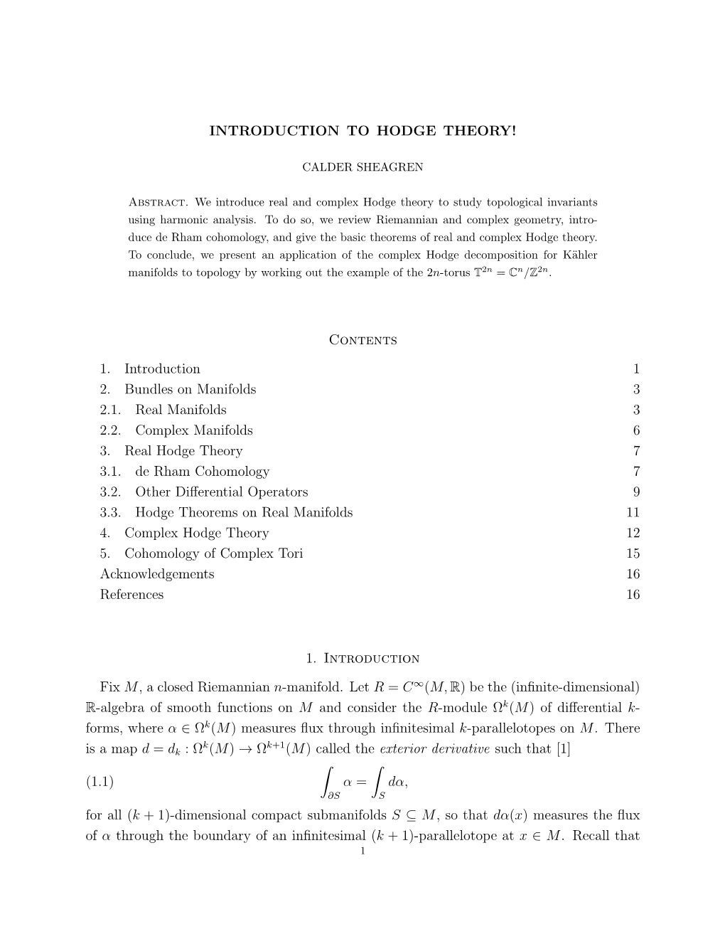 INTRODUCTION to HODGE THEORY! Contents 1. Introduction 1