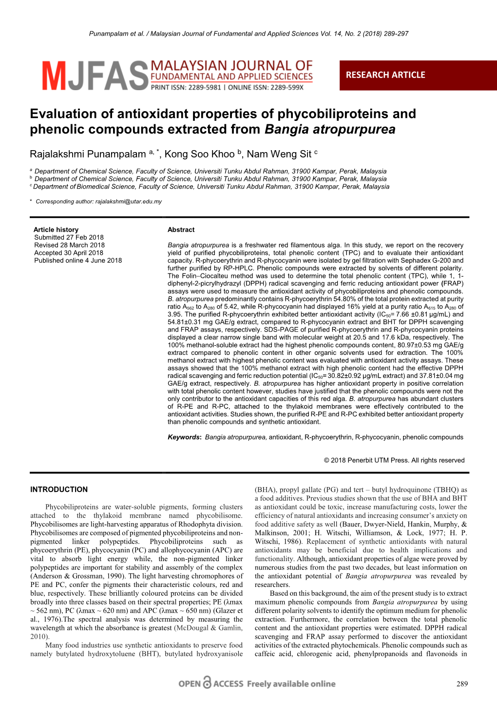 Evaluation of Antioxidant Properties of Phycobiliproteins and Phenolic Compounds Extracted from Bangia Atropurpurea
