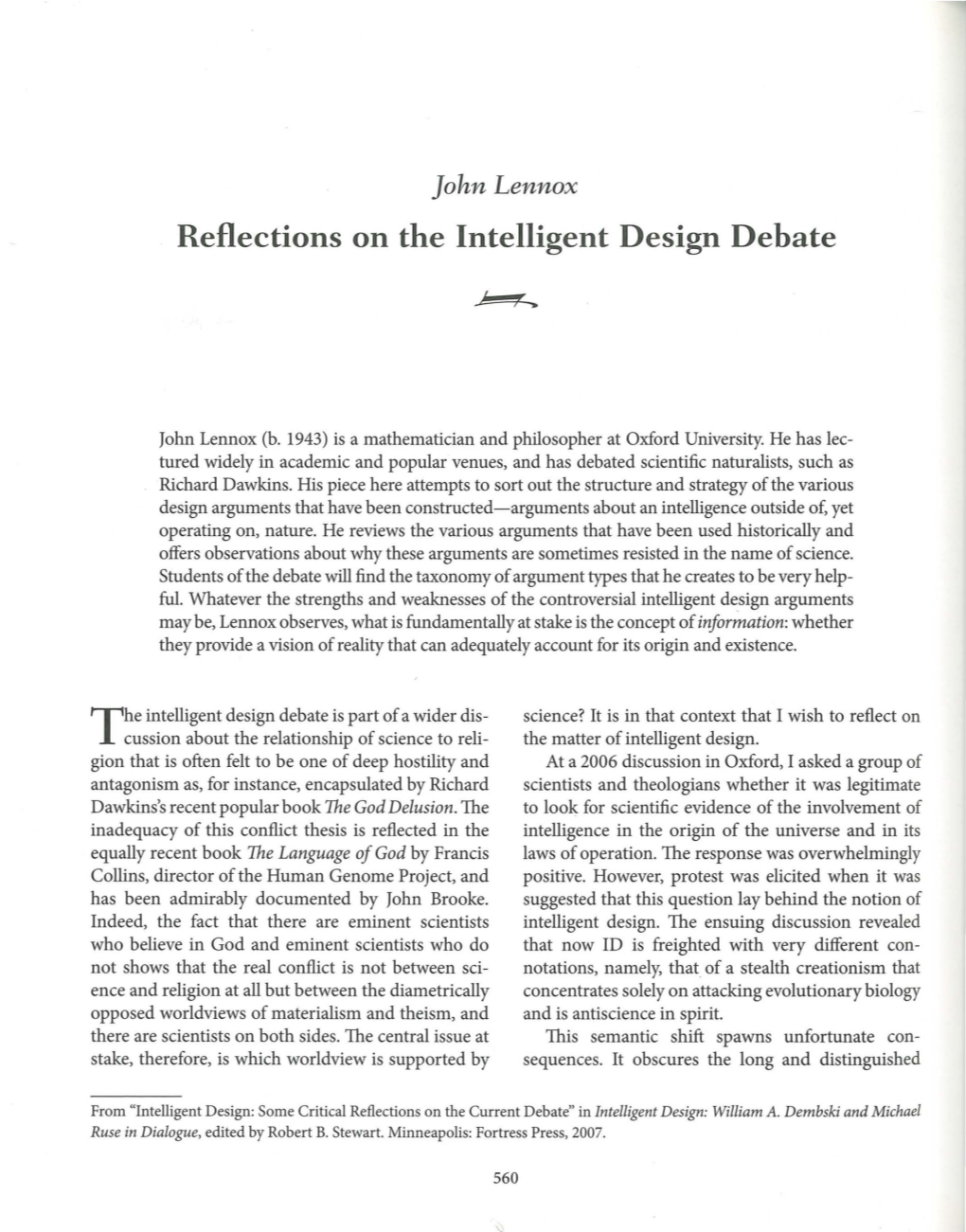 Reflections on the Intelligent Design Debate