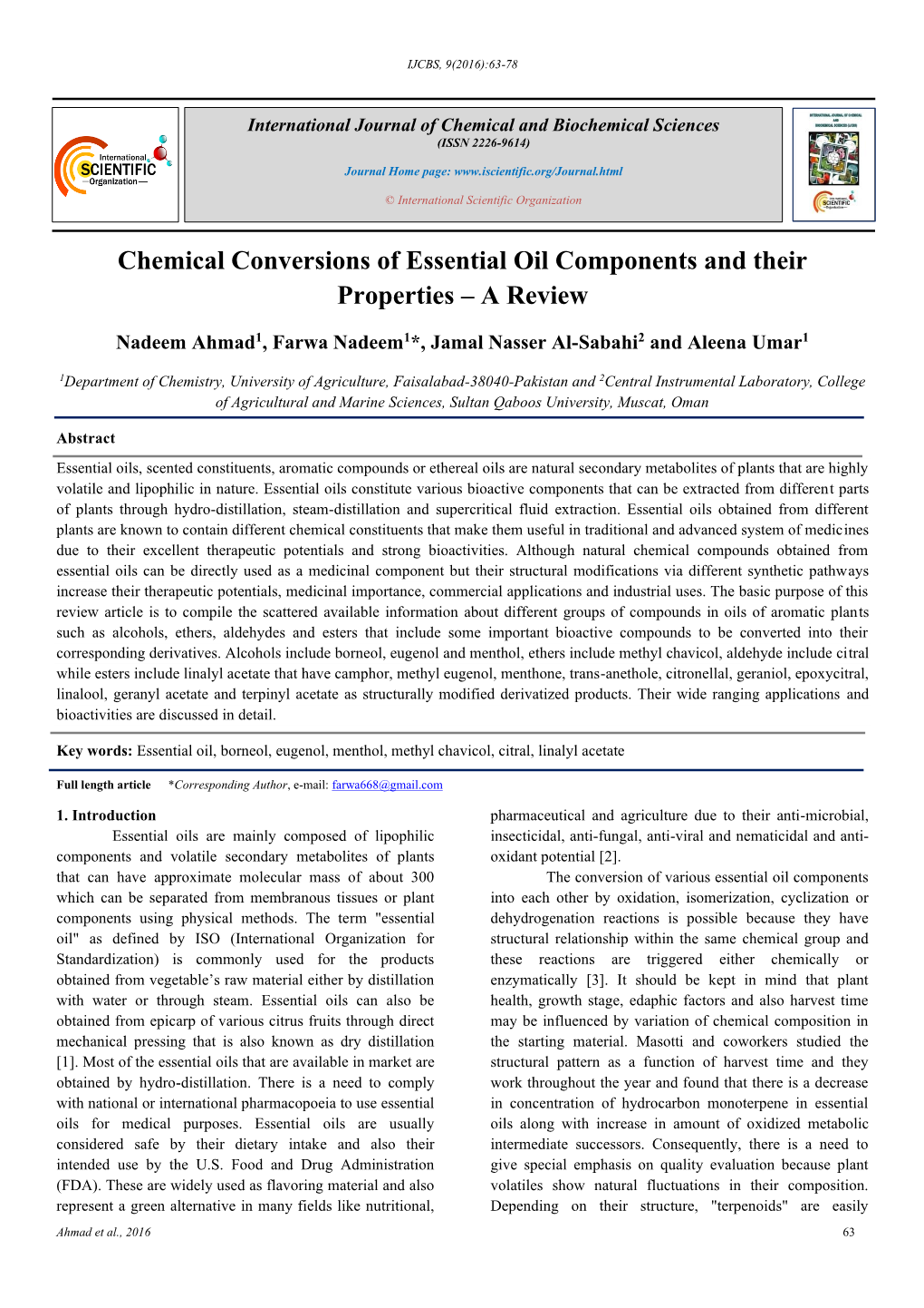 Chemical Conversions of Essential Oil Components and Their Properties – a Review