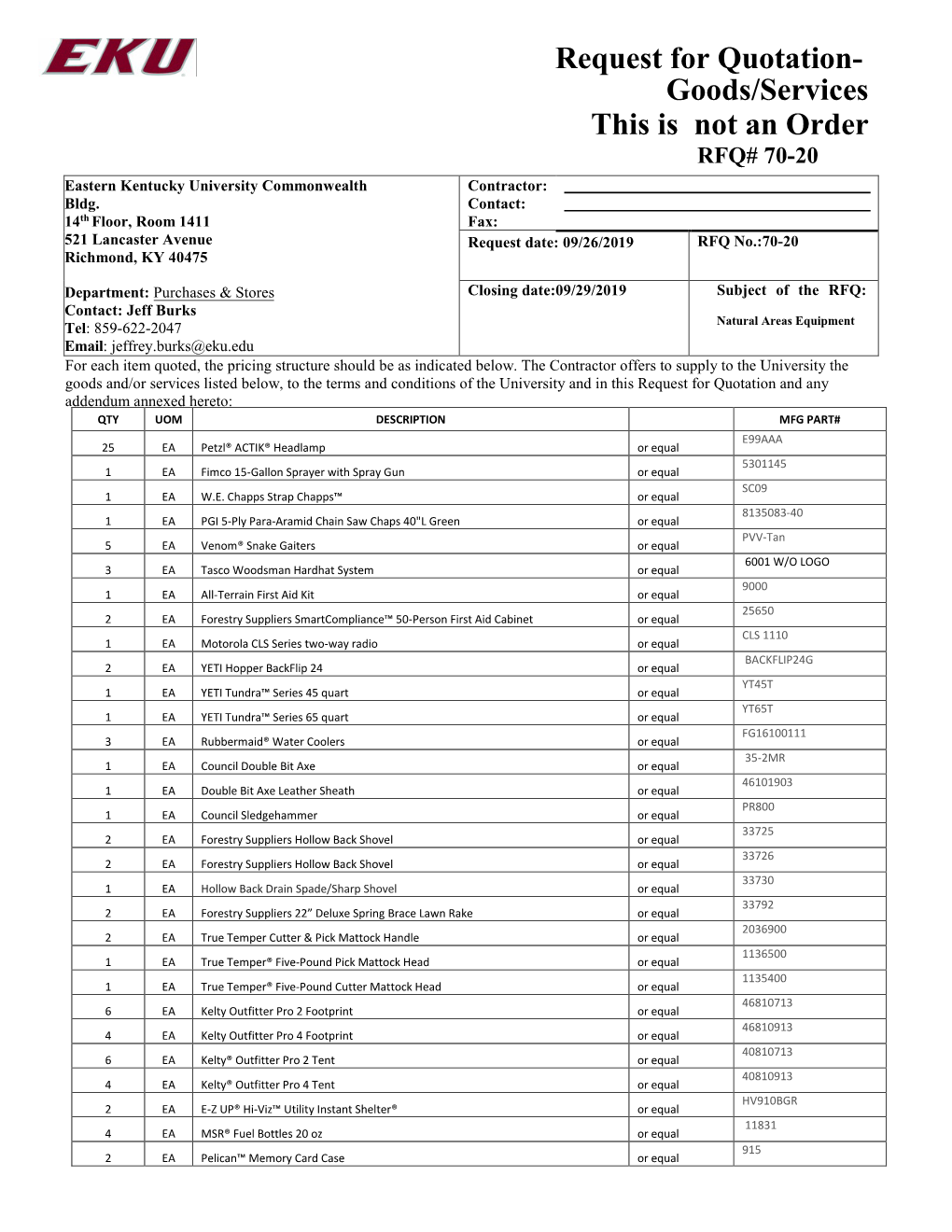 Request for Quotation- Goods/Services This Is Not an Order RFQ# 70-20 Eastern Kentucky University Commonwealth Contractor: Bldg