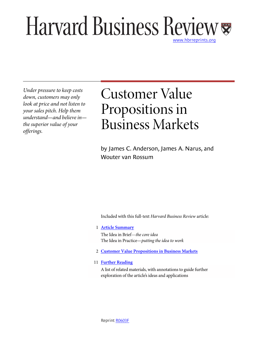 Customer Value Propositions in Business Markets