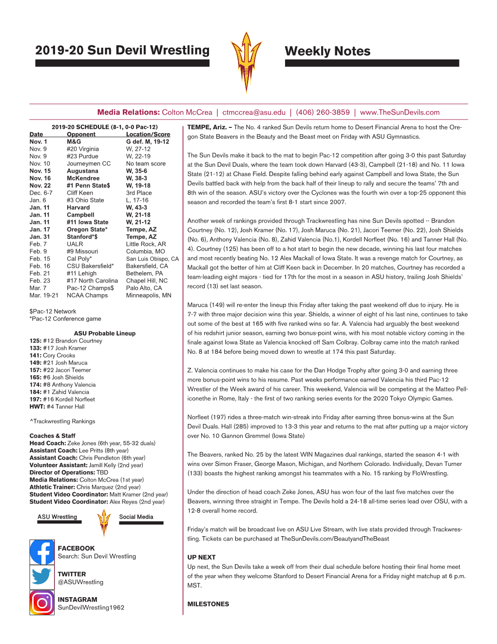 2019-20 Sun Devil Wrestling Weekly Notes