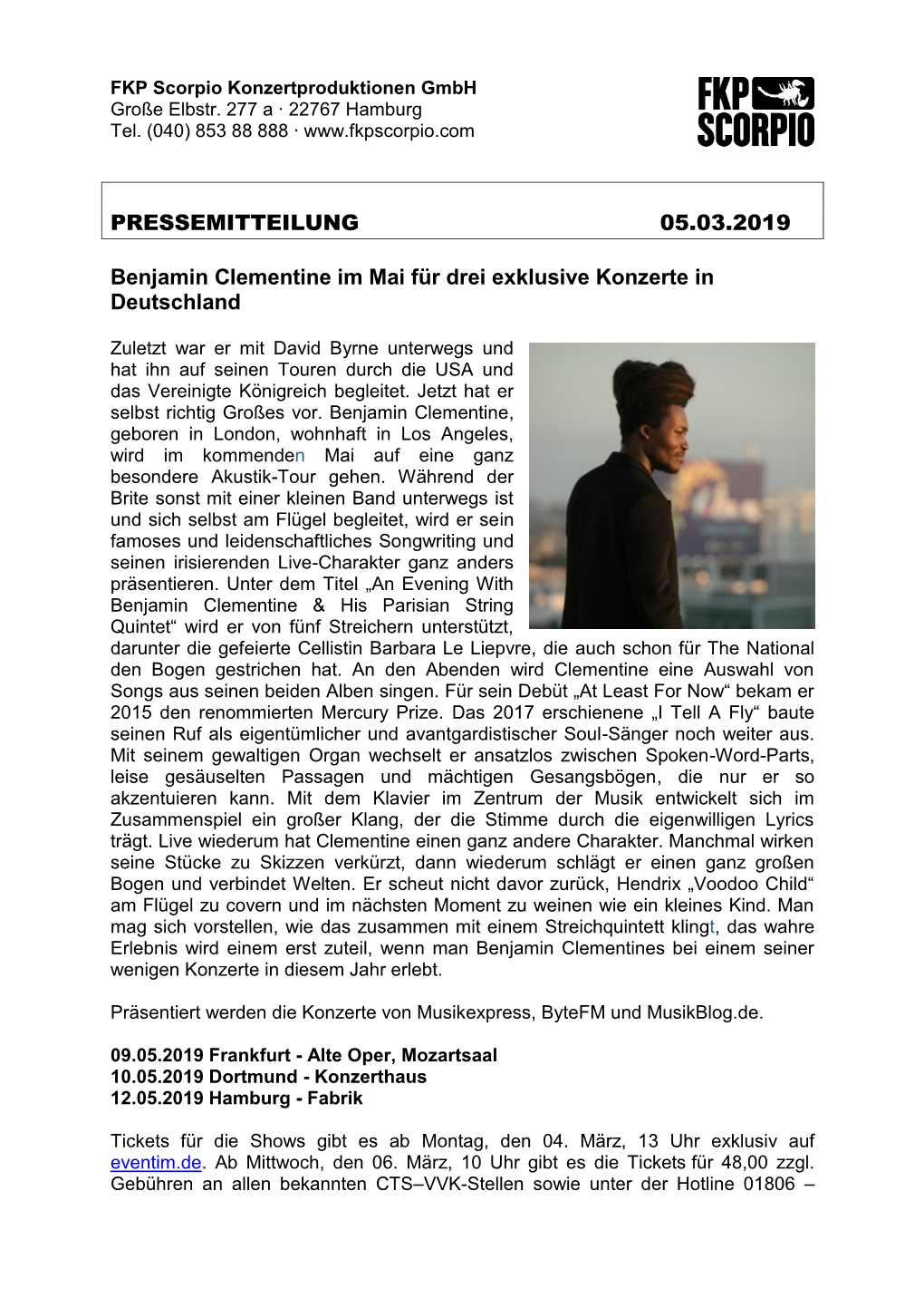 PRESSEMITTEILUNG 05.03.2019 Benjamin Clementine Im Mai Für Drei Exklusive Konzerte in Deutschland