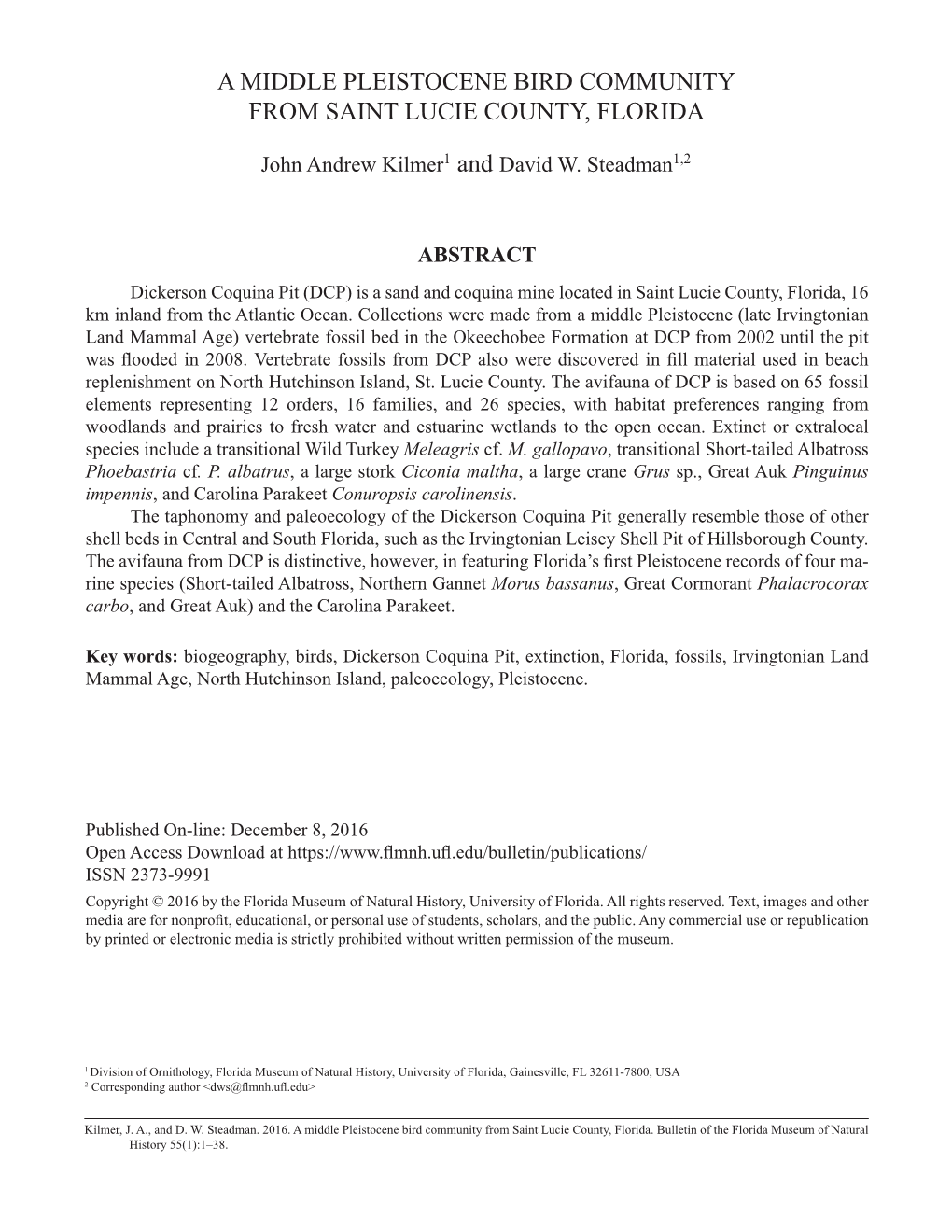 A Middle Pleistocene Bird Community from Saint Lucie County, Florida